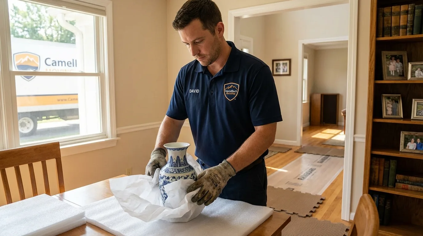Professional crew carefully wrapping antique vase for senior downsizing move in Westminster, MA