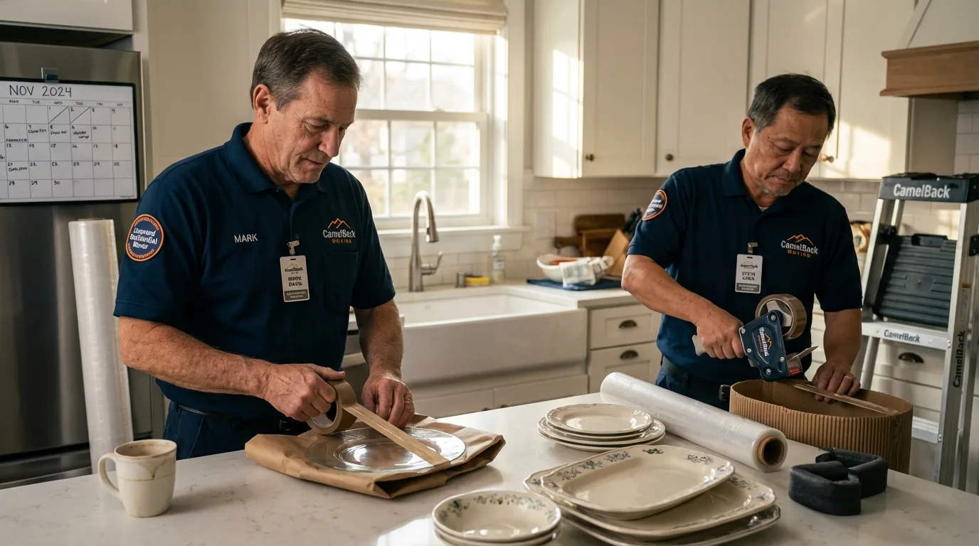 Professional crew packing kitchen dishware in Westminster, MA